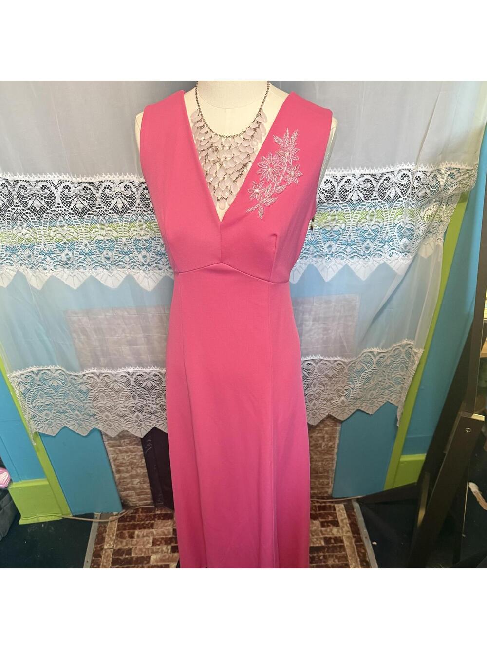 Vintage Pink Formal Maxi Dress Beaded Floral Embellished Gown Women’s M